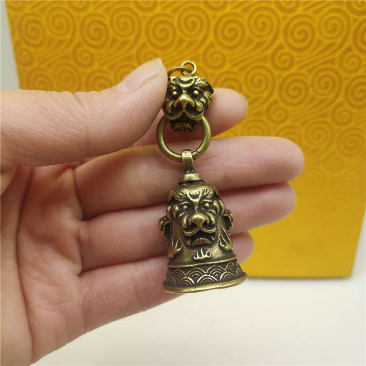 纯黄铜狮头铃铛挂件铜钥匙扣风水铜铃铛微雕铜器古玩铜器仿古铜件