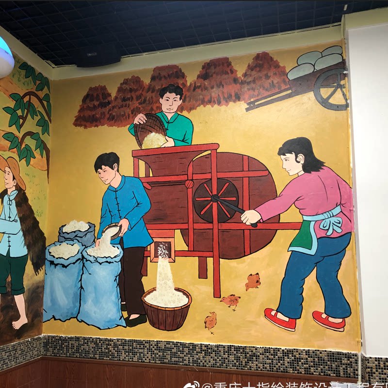 农家乐手绘墙模板风车饭店墙面装饰打谷鼓风机镂空彩绘民宿墙绘