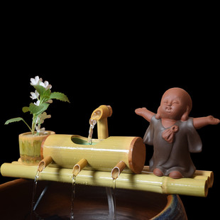 竹子流水器鱼池造景招财摆件陶瓷竹筒流水石槽鱼缸水池加湿过滤器