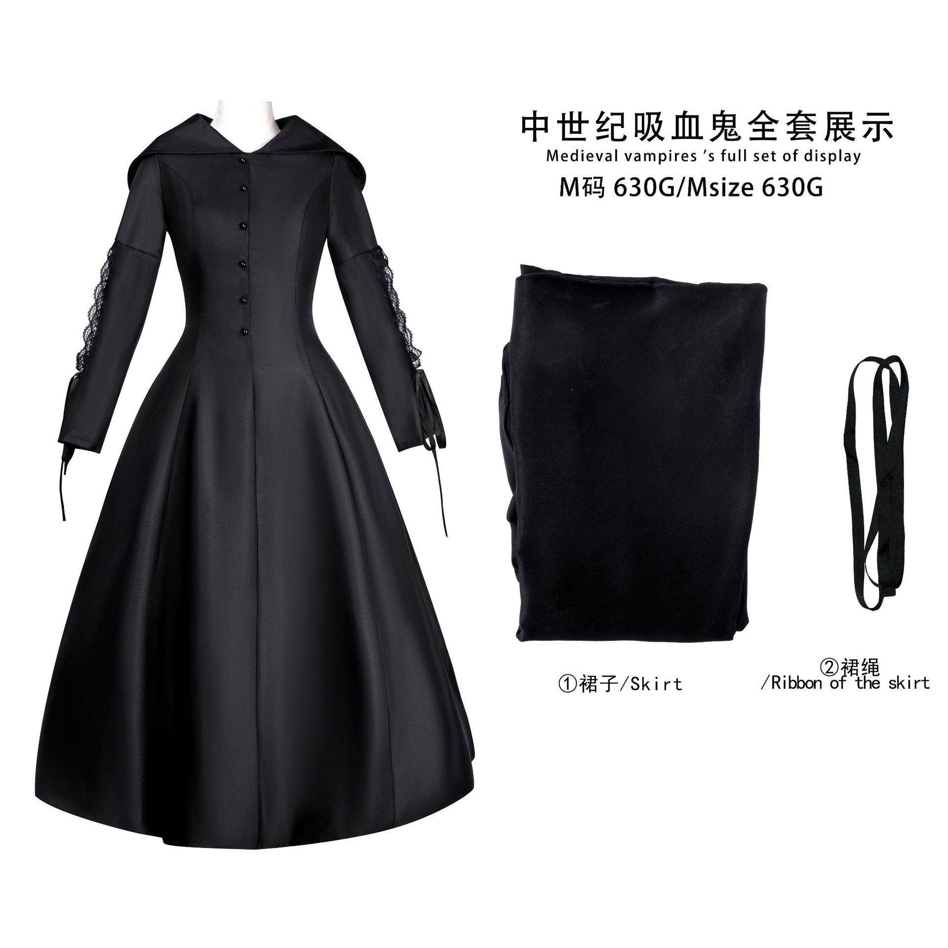 欧美跨境中世纪吸血鬼女连衣裙黑色带帽万圣节服饰cosplay服装