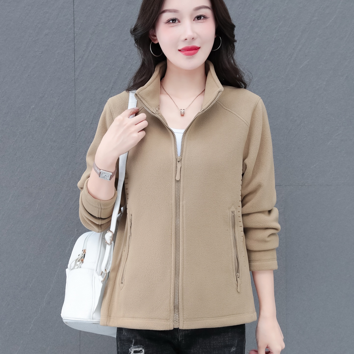 中年妈妈摇粒绒外套大码加绒保暖