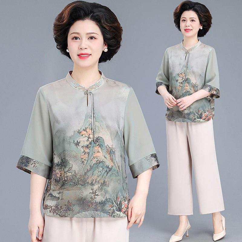 新中式妈妈夏装套装中年女士短袖T恤国风老年人衣服夏天雪纺上衣