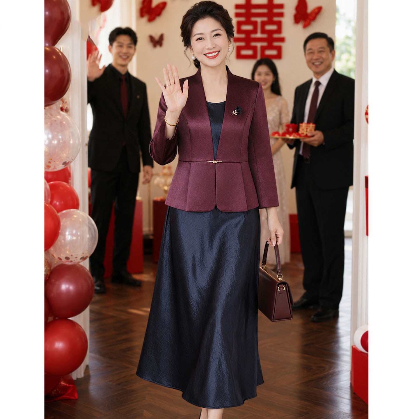 中老年女装春秋红色礼服裙子