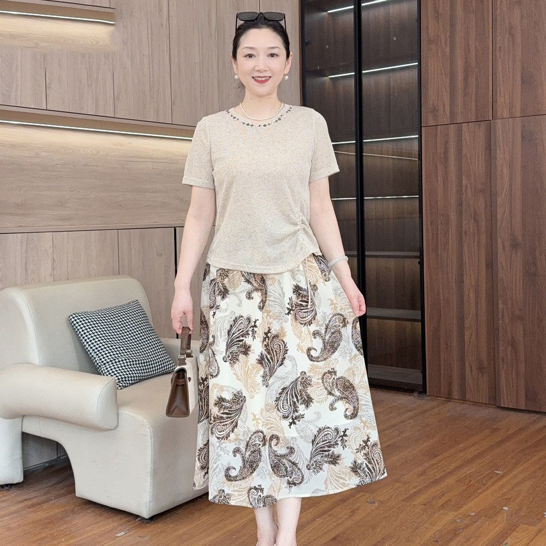 两件套女中老年短袖上衣裙子套装