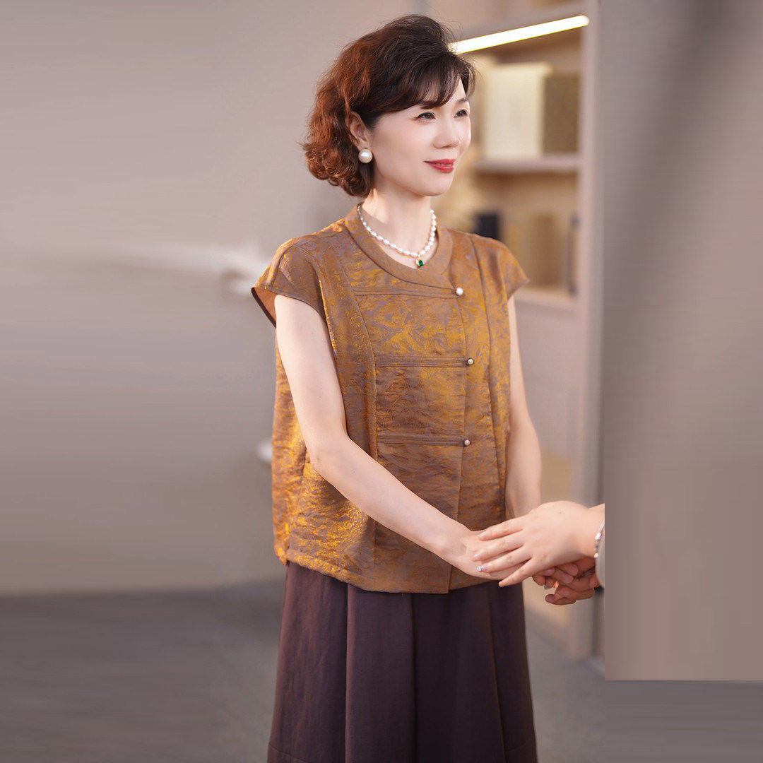 洋气妈妈装时尚套装夏季新款中老年女装减龄显瘦铜氨丝上衣两件套
