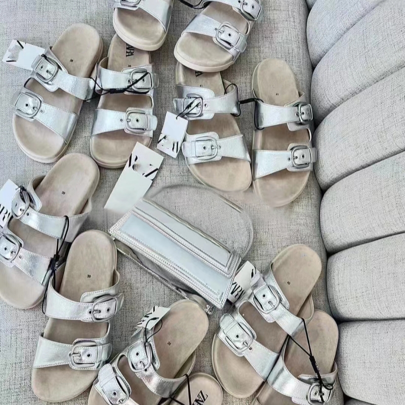 西班牙ZA2024夏季新款厚底沙滩凉拖银色搭扣平底圆头休闲户外凉鞋