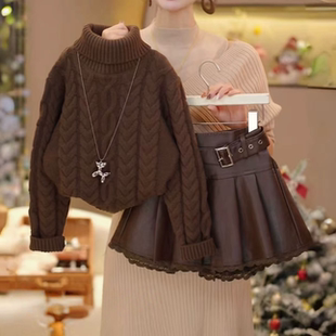 女童秋冬毛衣2026新款儿童加厚针织衫年服本命年保暖加绒花边皮裙