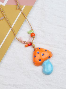 景德镇多巴胺彩色秋冬项链配饰女陶瓷蘑菇长款编织卫衣毛衣链跨境