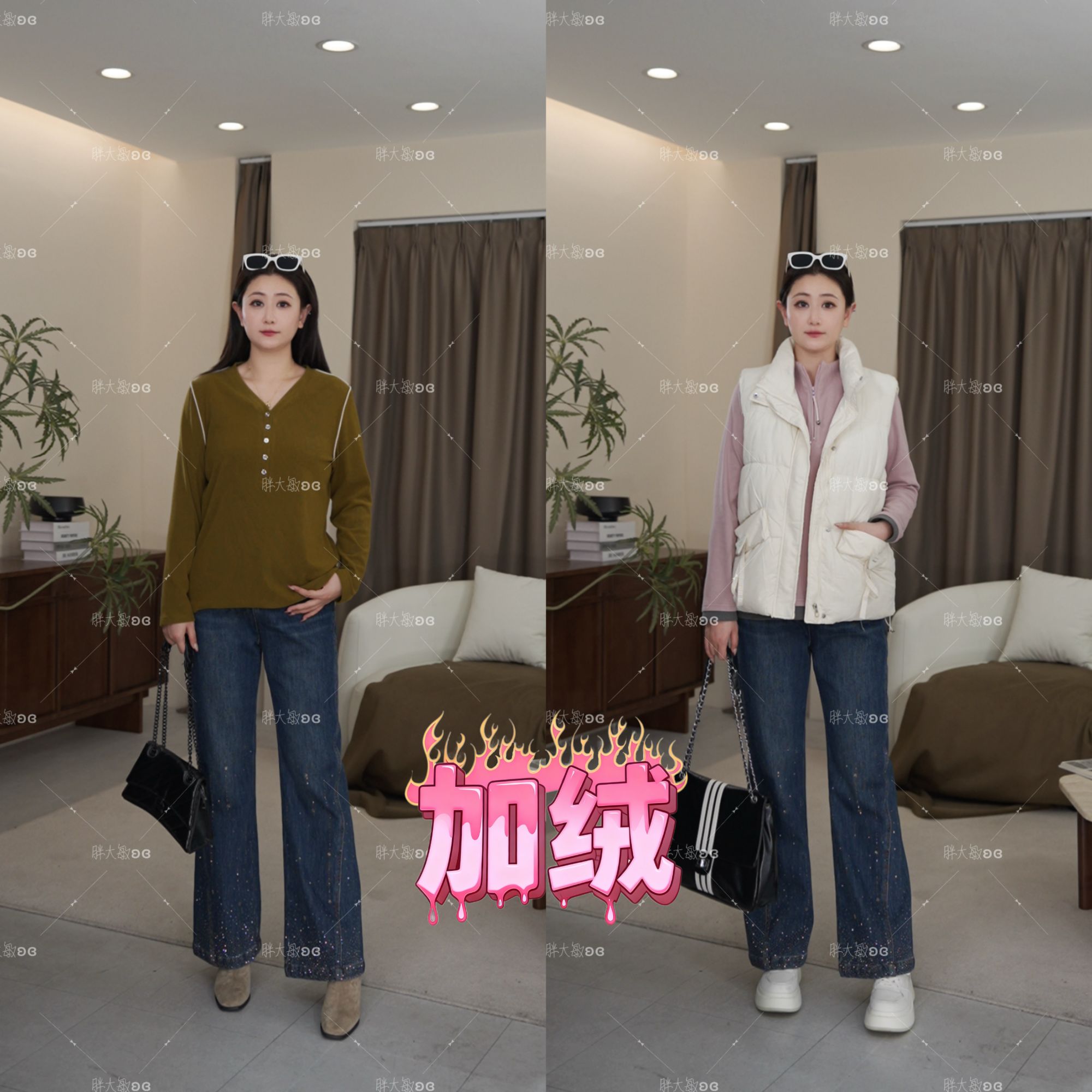 【上新】冬款牛仔裤PMM82304新款高腰加绒流星钻百搭大码牛仔微喇