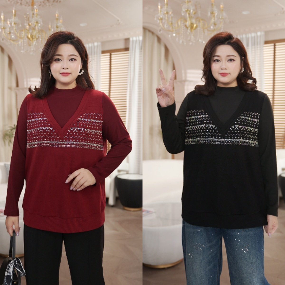 PWD33420【现货仅上衣】秋冬季气质假两件大码女装上衣【衣长69】,女装/女士精品,大码内搭,淘宝优惠券,粉丝福利购,淘宝优惠卷