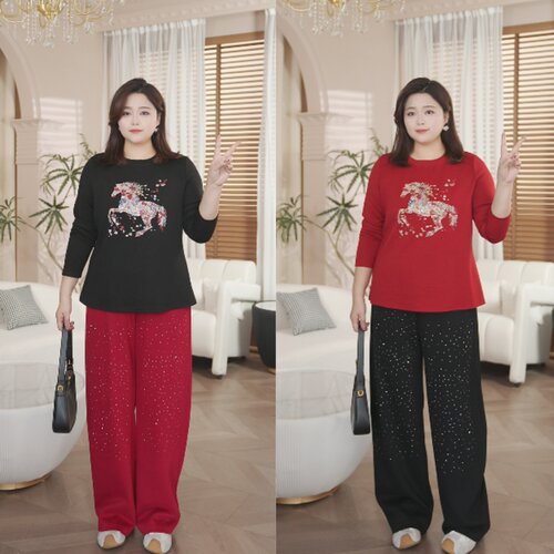 PWD33446【现货仅裤子】春季新款时尚烫钻大码女装【裤长104】