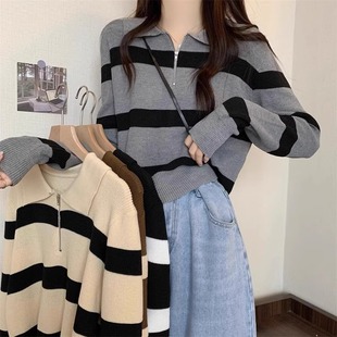 独特韩系chic别致上衣服 Polo领条纹针织衫 早秋新款 女装 设计感短款