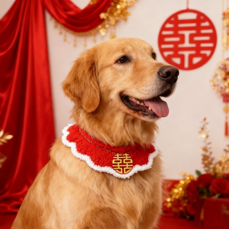 红色新年双喜字结婚狗狗猫咪口水巾宠物三角巾围脖围巾大型犬金毛