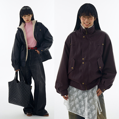 DBSC美式复古结构廓形夹克立领双门襟pu皮羊羔毛休闲外套男女同款