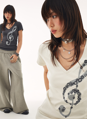 DBSC夏季美式复古感冰皮面料V领正肩短袖凉修身显瘦设计感上衣女