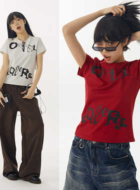 DBSC原创夏季美式复古正肩T恤字母涂鸦印花凉感冰皮面料短袖女