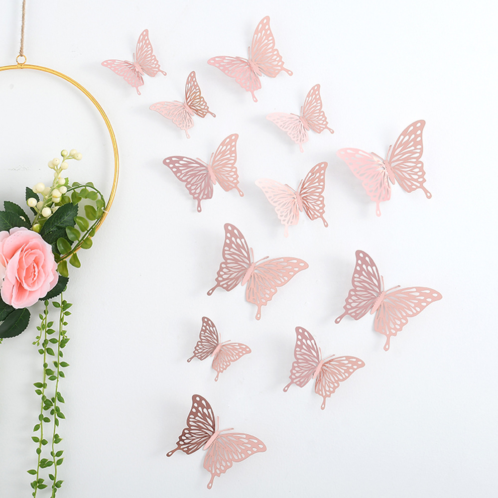 12pcs Wall Stickers 3D Hollow Rosegold Butterfly Decorative