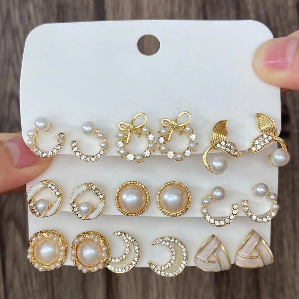 Fashion Cute Mermaid Tail Pearl Crystal Stud Earring Sets
