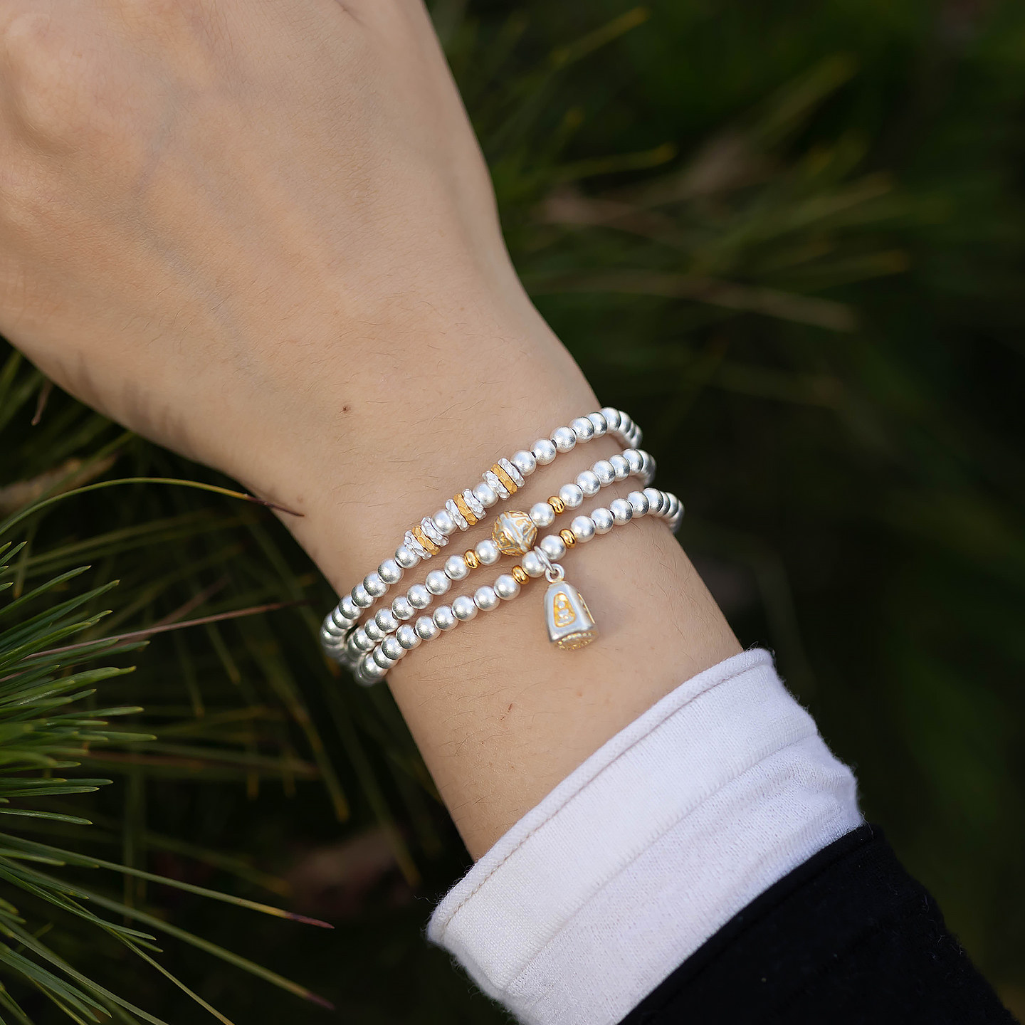 入梦河25g 足银999四面佛称心如意圆珠古法手链多层叠带纯银手串