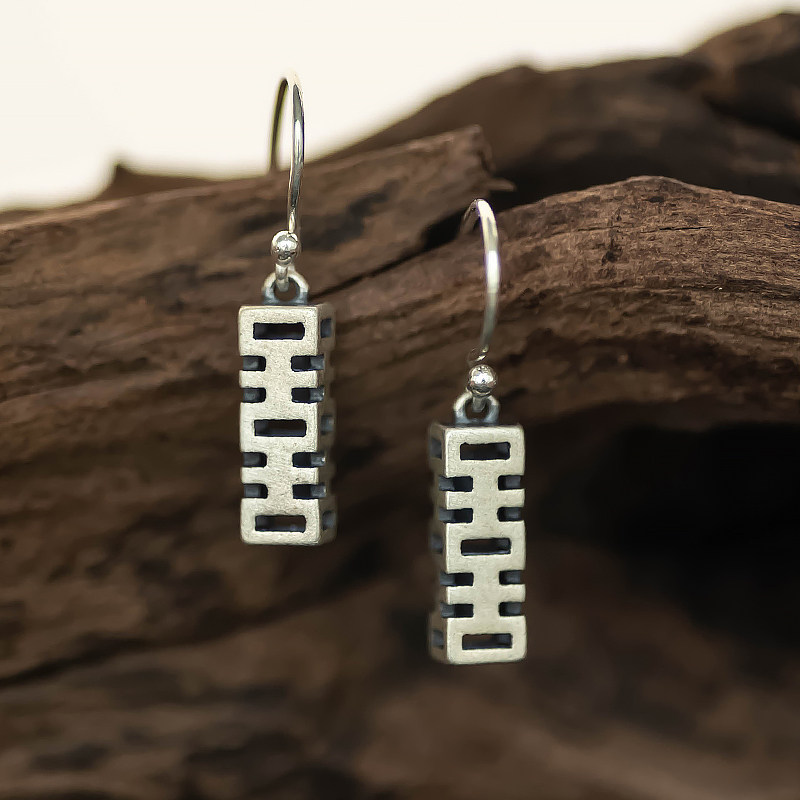 随喜 纯银925做旧双喜镂空立体方形国风女款耳钉环坠复古长款古典