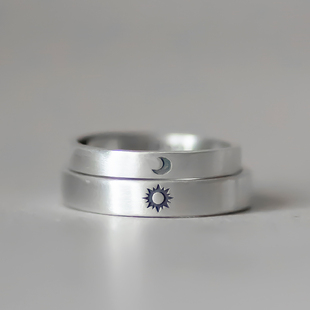 曌 纯银足银999实心日月朝暮做旧情侣对戒指环开口可调节七夕礼物