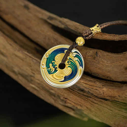 云澜 通体纯银999描金珐琅海浪平安扣项链吊坠新中式百搭七夕礼物