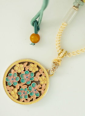 足银9999桃花珐琅描金项链