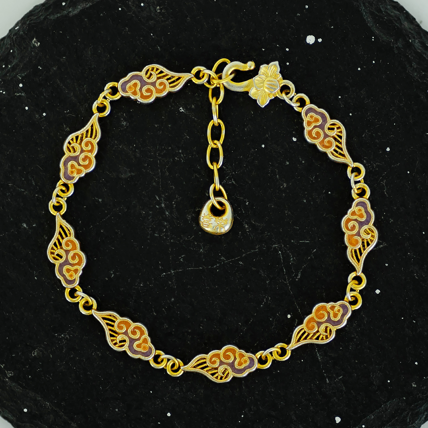 足银9999描金祥云紫霞珐琅彩手链