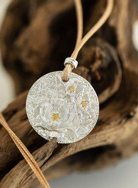 凤鸣 足银9999牡丹花凤凰圆形吊坠项链描金新中式国风实心银牌