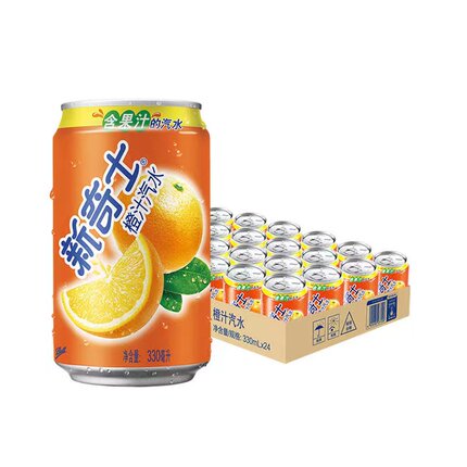 屈臣氏新奇士橙汁汽水330mlX12罐装整箱 橙果味含果汁的碳酸饮料