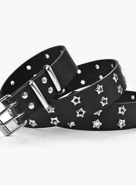 广场舞韩版镂空朋克休闲皮带 女士时尚星星气眼装饰双排腰带女