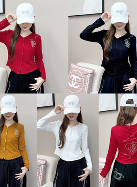 纤伽【高品质/玫瑰闪钻】新品开衫长袖辣妹玫瑰烫钻修身上衣秋冬