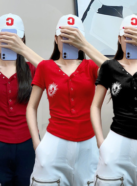 夏季潮流新品美式短袖爵士舞广场舞曳步舞带扣女装运动修身上衣