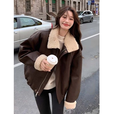 超好看美式复古PU皮羊羔毛外套女