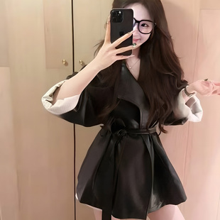 高级感黑色小众绑带收腰皮衣外套女秋冬季 韩系小个子加绒保暖上衣