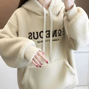 巨好看爆款 冬保暖颗粒绒字母刺绣连帽卫衣女加绒加厚宽松学生上衣