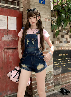 辣妹低腰牛仔背带短裤女