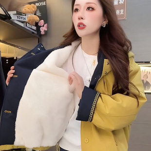 高级感连帽刺绣加绒加厚棉衣外套女秋冬小个子不臃肿厚款拼色上衣