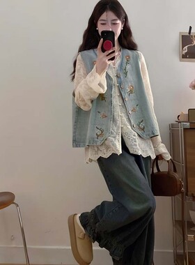 新中式国风复古刺绣牛仔马甲女春秋森系文艺叠穿显瘦提花百搭马夹