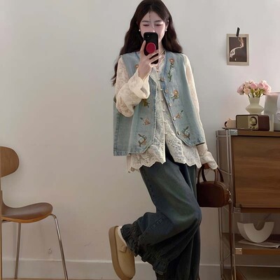 新中式国风复古刺绣提花牛仔马甲