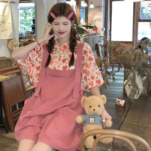 日系甜美可爱多巴胺一整套背带裙女夏季减龄小个子短袖衬衫两件套