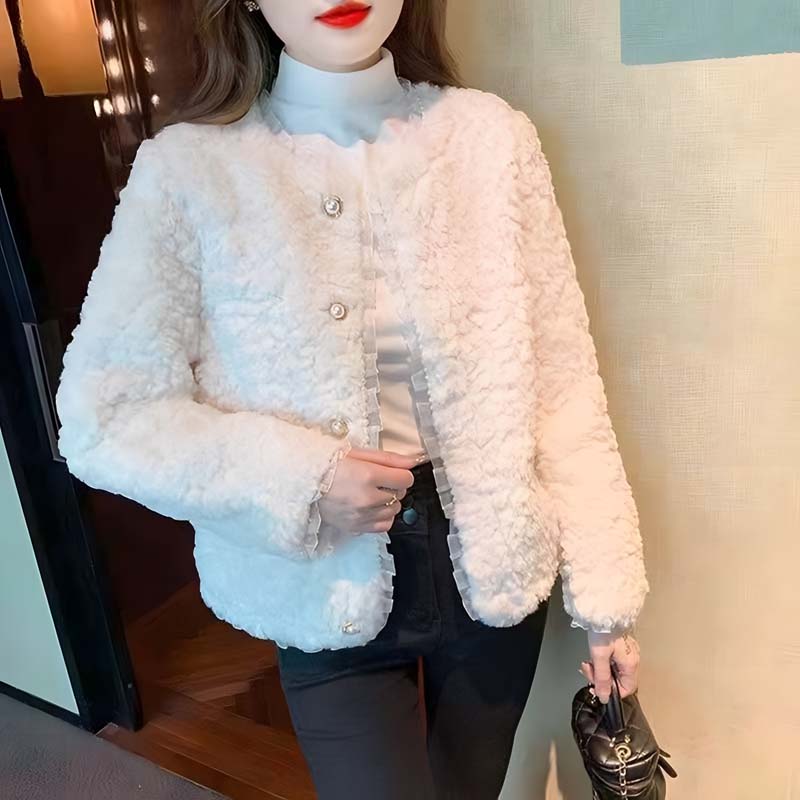 高级感蕾丝花边小香风羊羔毛外套女冬季软糯风小个子宽松显瘦棉服