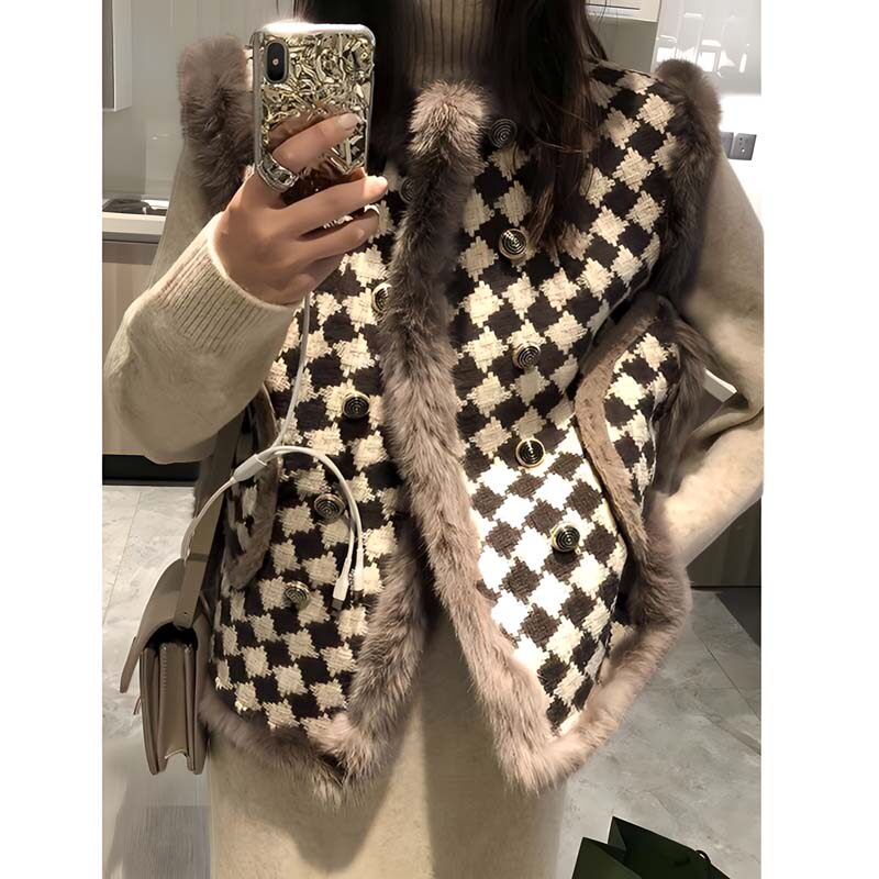韩系超火千鸟格仿兔毛马甲女秋冬高级感小香风加绒保暖羊羔绒马夹