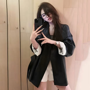 黑色皮衣外套女高级感2025新款秋季酷飒风气质巨好看的夹克中长款