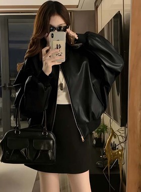 黑色小个子短款痞帅风PU皮衣外套女春秋新款甜酷风机车棒球服上衣