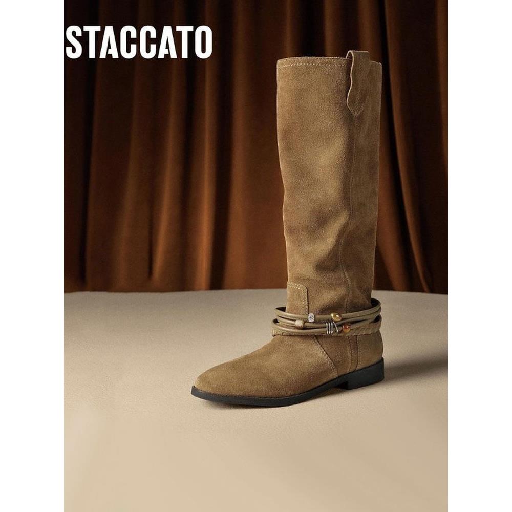 思加图2025新款女靴流浪牧歌西部牛仔靴长筒靴堆堆靴子女EIL02DG5