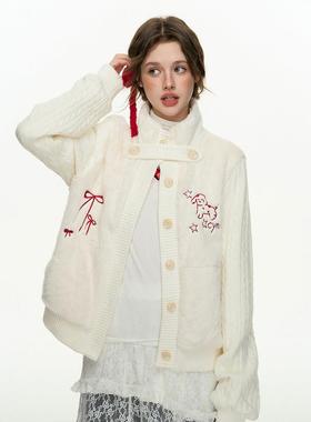 CyNi 甜美针织拼接兔毛外套上衣夹棉开 衫加绒加厚2024冬软糯温柔