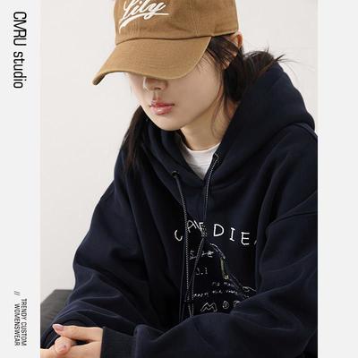 连帽运动衫女2025春季新加厚宽松休闲藏青色刺绣套头上衣