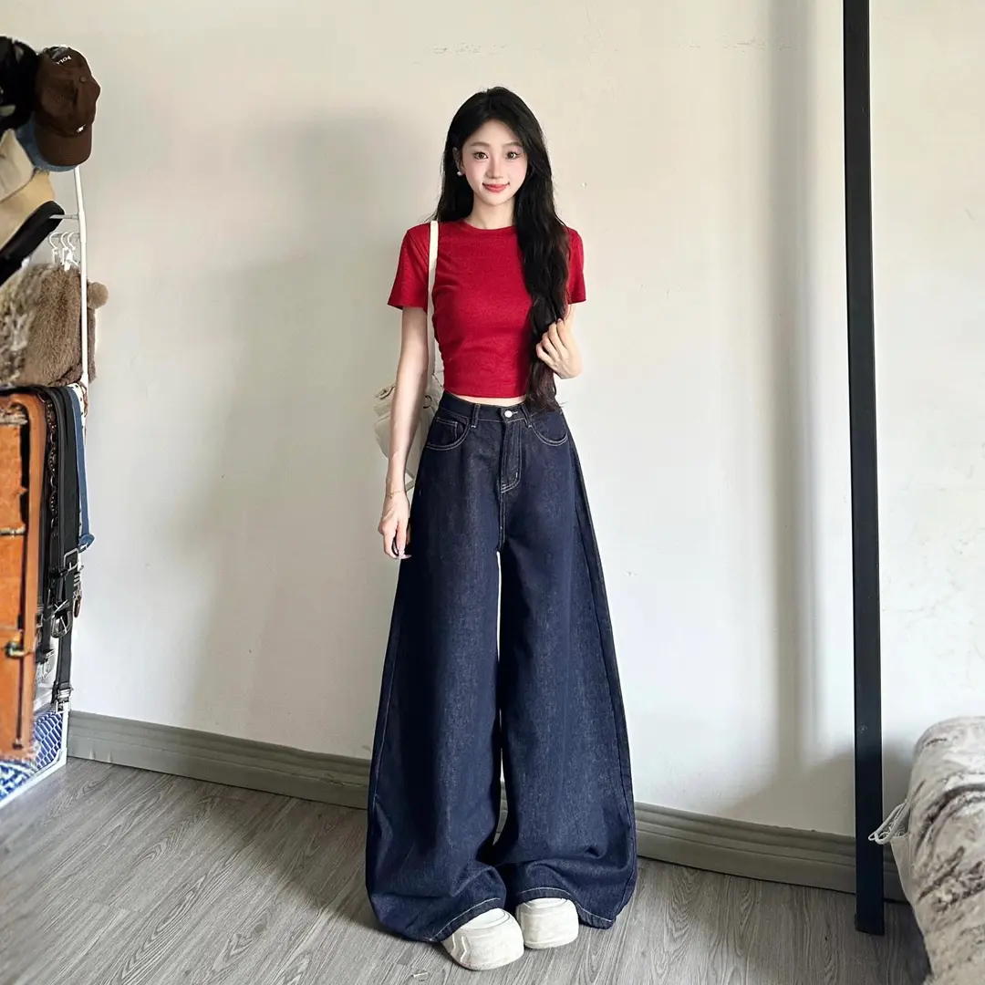 美式高腰阔腿拖地加长牛仔裤女冬