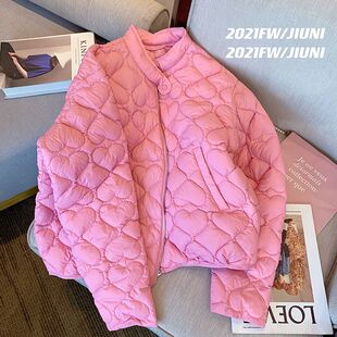 纯色粉色爱心棉服女2024冬季新款洋气休闲小个子显瘦短款加厚外套